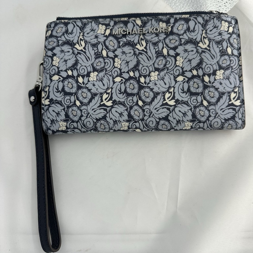 Michael Kors Adele Double Zip Wristlet Navy Blue Floral Wallet Clutch